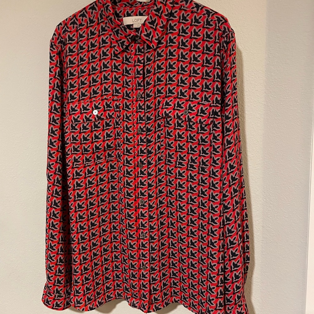 LOFT Vibrant Red and Black Floral Top